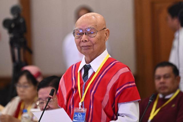 Former Karen National Union (KNU) chairman Saw Mutu Say Poe speaks during a ceremony marking the 11th anniversary of the signing of the Nationwide Ceasefire Agreement (NCA) in Naypyidaw on October 15, 2026, amid the ongoing civil war that has killed an estimated 100,000 people since 2021. Myanmar marked on October 15 the 11th anniversary of the Nationwide Ceasefire Agreement (NCA), which brokered peace with some of the countrys myriad armed factions in 2015. A number of groups pulled out of the landmark deal in the wake of the 2021 military coup which unleashed a full-blown civil war. The government presents the faltering agreement as a path to new peace talks, but many of the most powerful armed factions refuse to engage. (Photo by SAI AUNG MAIN / AFP)