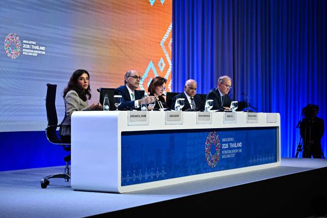 (L-R) IMF Communications Officer Angham Al Shami, IMF Middle East and Central Asia Department Director Jihad Azour, IMF Middle East and Central Asia Department Deputy Director Taline Koranchelian, IMF Middle East and Central Asia Department Deputy Director Subir Lall and IMF Middle East and Central Asia Department Deputy Director Athanasios Arvanitis attend the Regional Economic Outlook for the Middle East and Central Asia press briefing at the Annual Meetings of the International Monetary Fund (IMF) and the World Bank Group (WBG) at the Queen Sirikit National Convention Center (QSNCC) in Bangkok on October 15, 2026. (Photo by Lillian SUWANRUMPHA / AFP)