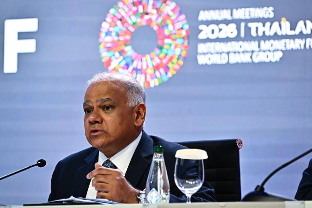 IMF Middle East and Central Asia Department Deputy Director Subir Lall speaks during the Regional Economic Outlook for the Middle East and Central Asia press briefing at the Annual Meetings of the International Monetary Fund (IMF) and the World Bank Group (WBG) at the Queen Sirikit National Convention Center (QSNCC) in Bangkok on October 15, 2026. (Photo by Lillian SUWANRUMPHA / AFP)