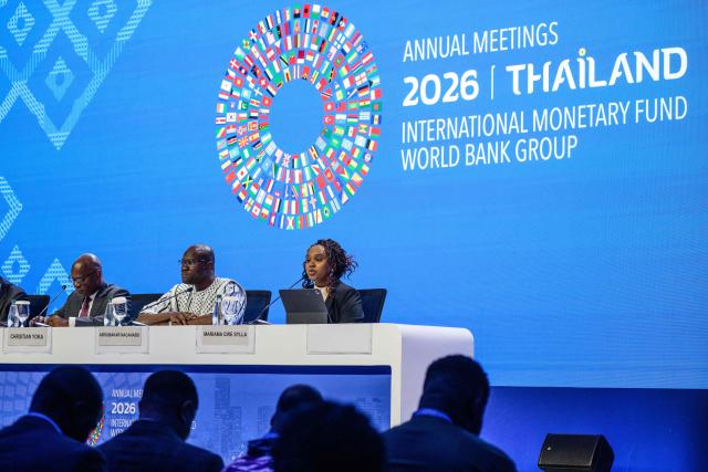 (L-R) Congo's Finance Minister Christian Yoka, Minister of Finance of Burkina Faso Aboubacar Nacanabo and Minister of Economy, Finance and Budget of Guinea Mariama Cire, attend the African Finance Ministers press conference at the Annual Meetings of the International Monetary Fund (IMF) and the World Bank Group (WBG) at the Queen Sirikit National Convention Center (QSNCC) in Bangkok on October 15, 2026. (Photo by ANTHONY WALLACE / AFP)