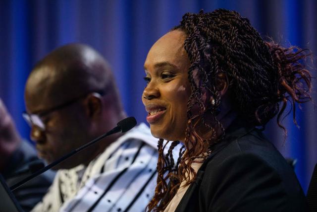 Minister of Economy, Finance and Budget of Guinea Mariama Cire speaks during the African Finance Ministers press conference at the Annual Meetings of the International Monetary Fund (IMF) and the World Bank Group (WBG) at the Queen Sirikit National Convention Center (QSNCC) in Bangkok on October 15, 2026. (Photo by ANTHONY WALLACE / AFP)