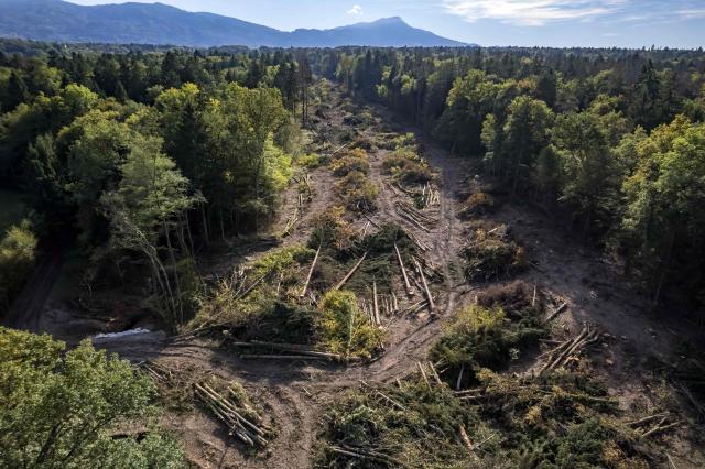 This aerial photograph shows a tree-cleared strip running through the forest during the controversial construction of the A412 motorway near Allinges, Haute-Savoie, France, on October 14, 2026. A coalition of associations, farmers, and residents on October 14, 2026, sought to halt construction of the A412 motorway, arguing that its environmental impact runs “counter to the climate emergency.” While a court ruling is expected on October 15, 2026, protesters have staged near-daily demonstrations, resulting in dozens of detentions and fines, according to organizers. (Photo by Fabrice COFFRINI / AFP)