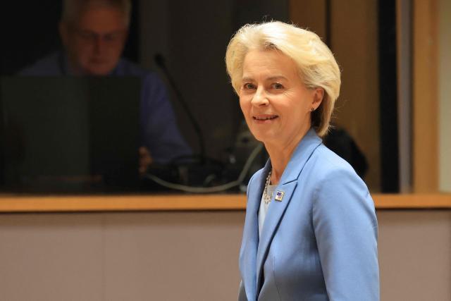 European Commission President Ursula von der Leyen arrives for a round table as part of a European Union summit at the EU headquarters in Brussels on October 15, 2026. EU leaders head on October 15, 2026 for their biggest clash yet over the bloc's next long-term budget, as they race to lock in a deal before next year's French presidential election. (Photo by Ludovic MARIN / AFP)