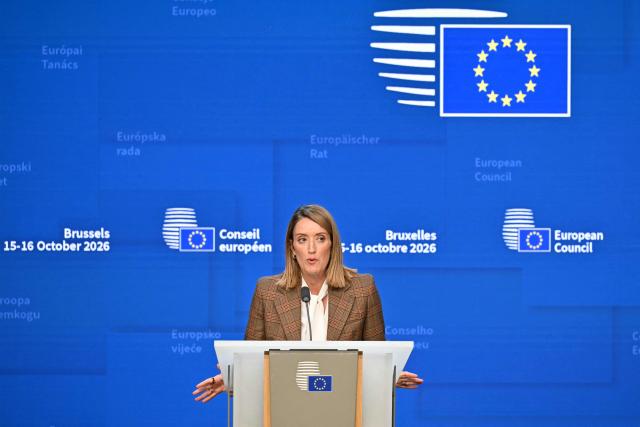European Parliament President Roberta Metsola gives a press conference on the sidelines of a European Union summit at the EU headquarters in Brussels on October 15, 2026. EU leaders head on October 15, 2026 for their biggest clash yet over the bloc's next long-term budget, as they race to lock in a deal before next year's French presidential election. (Photo by NICOLAS TUCAT / AFP)