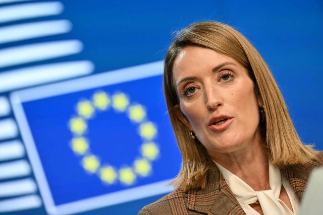European Parliament President Roberta Metsola gives a press conference on the sidelines of a European Union summit at the EU headquarters in Brussels on October 15, 2026. EU leaders head on October 15, 2026 for their biggest clash yet over the bloc's next long-term budget, as they race to lock in a deal before next year's French presidential election. (Photo by NICOLAS TUCAT / AFP)