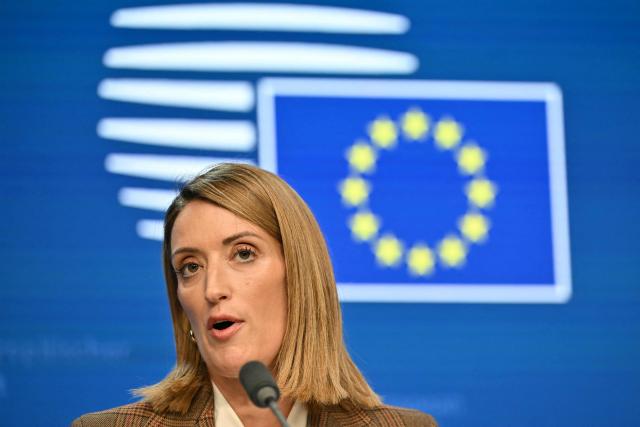 European Parliament President Roberta Metsola gives a press conference on the sidelines of a European Union summit at the EU headquarters in Brussels on October 15, 2026. EU leaders head on October 15, 2026 for their biggest clash yet over the bloc's next long-term budget, as they race to lock in a deal before next year's French presidential election. (Photo by NICOLAS TUCAT / AFP)