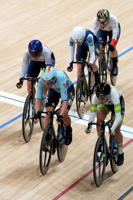 Riders compete in the women's elimination race at the 2026 UCI Track World Championships at the Shanghai Velodrome in Shanghai on October 15, 2026. (Photo by CN-STR / AFP) / China OUT