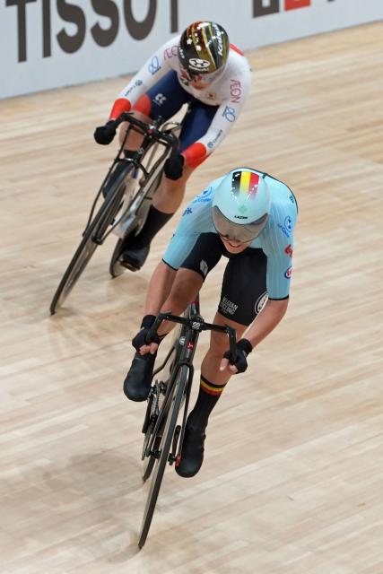 Japan's Yumi Kajihara (L) and Belgium's Lotte Kopecky compete in the women's elimination race at the 2026 UCI Track World Championships at the Shanghai Velodrome in Shanghai on October 15, 2026. (Photo by CN-STR / AFP) / China OUT
