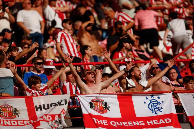 Sunderland supporters cheer during the Europa League round 1 day 2 football match between SCU Torreense and Sunderland AFC at the Dr. Magalhaes Pessoa Stadium in Leiria on October 15, 2026. (Photo by FILIPE AMORIM / AFP)