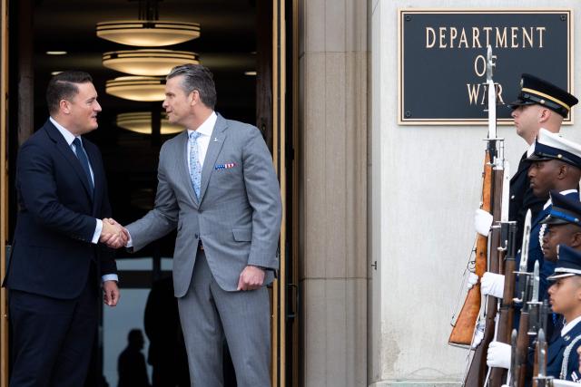 US Secretary of Defense Pete Hegseth with UK Defense Secretary Wes Streeting (L) ahead of a meeting at the Pentagon in Washington, DC on October 15, 2026. (Photo by SAUL LOEB / AFP)