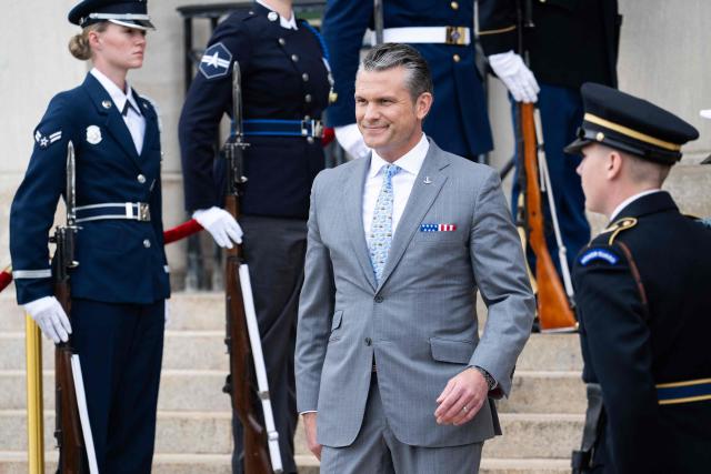 US Secretary of Defense Pete Hegseth during a welcoming ceremony ahead of a meeting with UK Defense Secretary Wes Streeting at the Pentagon in Washington, DC on October 15, 2026. (Photo by SAUL LOEB / AFP)