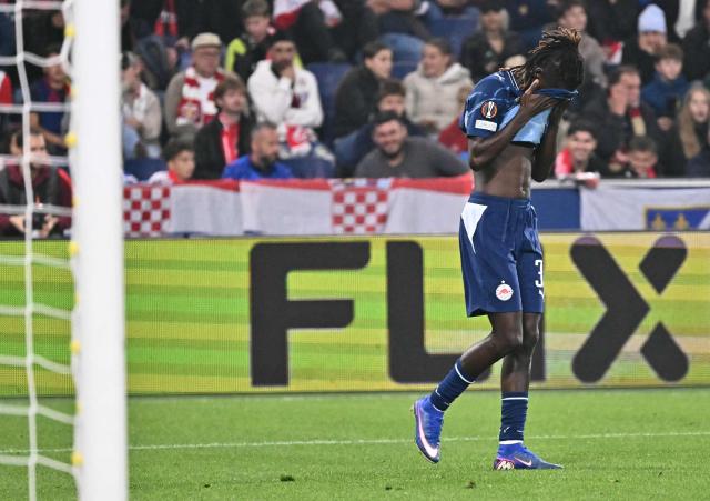 Salzburg's Malian forward #30 Gaoussou Diakite reacts during the UEFA Europa League football match between Salzburg and AC Milan in Salzburg, on October 15, 2026. (Photo by Joe Klamar / AFP)