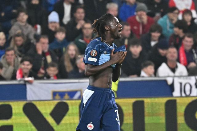 Salzburg's Malian forward #30 Gaoussou Diakite reacts during the UEFA Europa League football match between Salzburg and AC Milan in Salzburg, on October 15, 2026. (Photo by Joe Klamar / AFP)