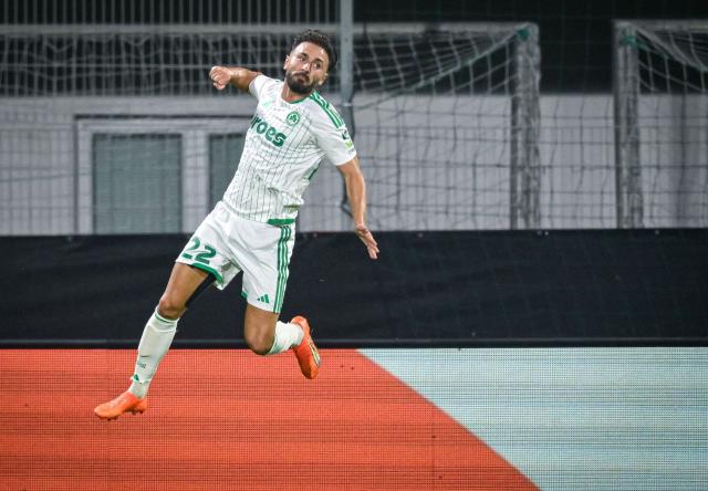 Omonia's forward #22 Muamer Tankovic celebrates after scoring a goal during the UEFA Europa League, league phase matchday 2, football match between NK Celje and Omonoia at the Stadion Z'dezele in Celje, on October 15, 2026. (Photo by Jure Makovec / AFP)