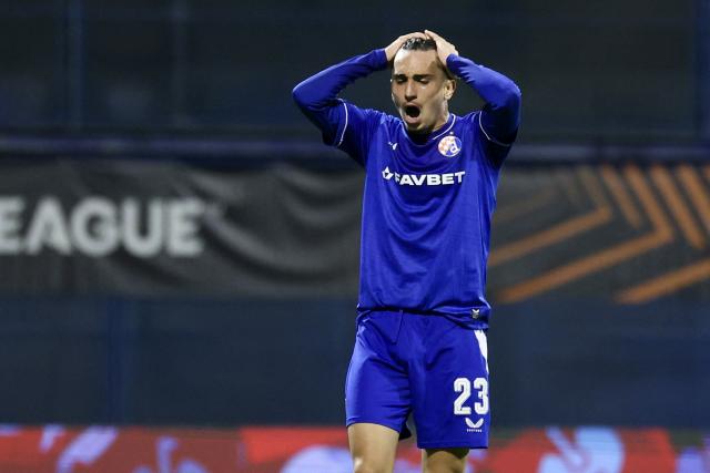 Dinamo Zagreb's midfielder #23 Iker Almena reacts during the UEFA Europa League, league phase matchday 2, football match between Dinamo Zagreb and Anderlecht at the Stadion Maksimir in Zagreb, on October 15, 2026. (Photo by MARKO PERKOV / AFP)
