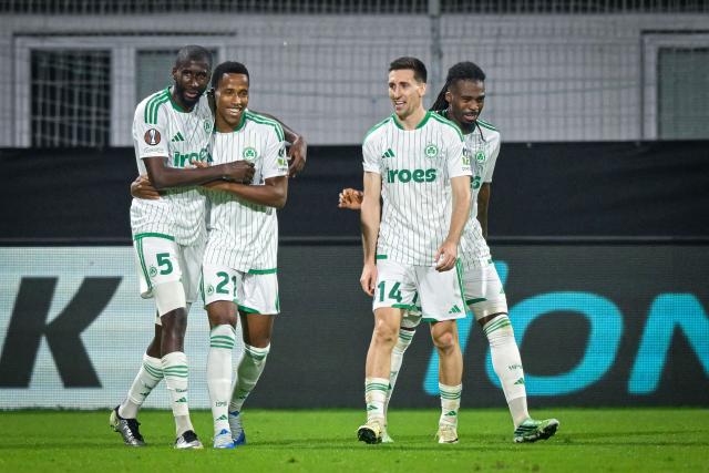 (L/R): Omonia's defender #05 Senou Coulibaly, Omonia's forward #21 Mihlali Mayambela, Omonia's midfielder #14 Mateo Maric and Omonia's defender #93 Jean-Kevin Duverne celebrate after scoring a goal during the UEFA Europa League, league phase matchday 2, football match between NK Celje and Omonoia at the Stadion Z'dezele in Celje, on October 15, 2026. (Photo by Jure Makovec / AFP)
