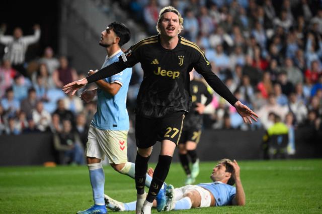Juventus' German forward #27 Nick Woltemade celebrates scoring his team's first goalduring the Europa League round 1 day 2 football match between RC Celta de Vigo and Juventus FC at the Balaidos Stadium in Vigo on October 15, 2026. (Photo by Miguel RIOPA / AFP)