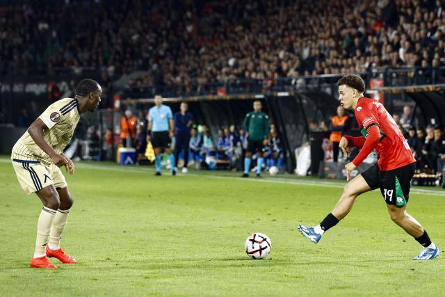 Levski Sofia's forward #7 Reinaldo vies for the ball with NEC Nijmegen's forward #99 Clement Bischoff during the UEFA Europa League, league phase matchday 2, football match between NEC Nijmegen and Levski Sofia at the Stadion De Goffert in Nijmegen, on October 15, 2026. (Photo by Bart Stoutjesdijk / ANP / AFP) / Netherlands OUT