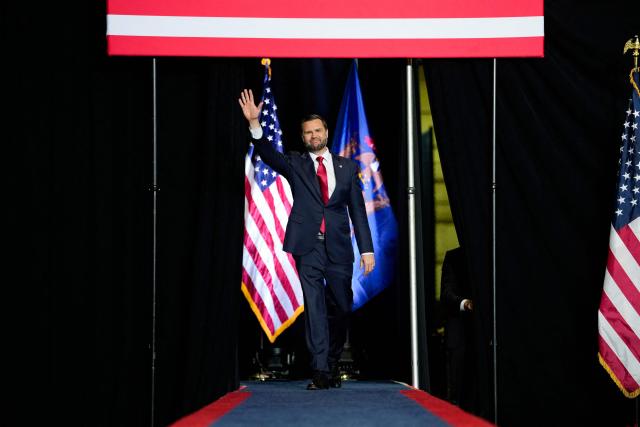 US Vice President JD Vance arrives to speak at a midterm campaign rally at the LevelUp Training Complex in Monroe, Michigan, on October 15, 2026. Americans voting in the November 3 midterm elections will decide who controls Congress for the final two years of Donald Trump's presidency, along with dozens of governorships and thousands of state offices. (Photo by Daniel Heuer / POOL / AFP)