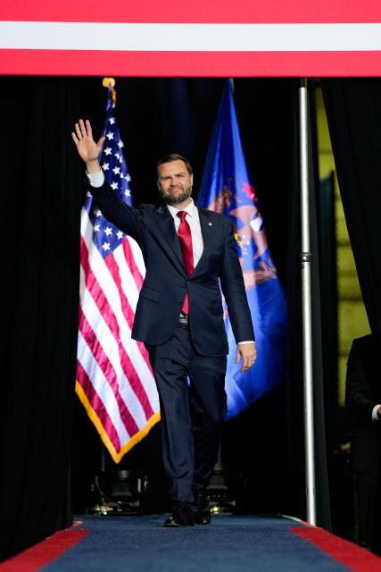 US Vice President JD Vance arrives to speak at a midterm campaign rally at the LevelUp Training Complex in Monroe, Michigan, on October 15, 2026. Americans voting in the November 3 midterm elections will decide who controls Congress for the final two years of Donald Trump's presidency, along with dozens of governorships and thousands of state offices. (Photo by Daniel Heuer / POOL / AFP)
