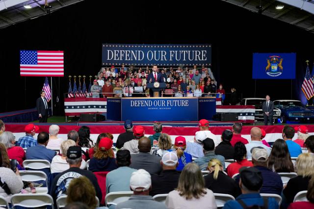 US Vice President JD Vance speaks during a midterm campaign rally at the LevelUp Training Complex in Monroe, Michigan, on October 15, 2026. Americans voting in the November 3 midterm elections will decide who controls Congress for the final two years of Donald Trump's presidency, along with dozens of governorships and thousands of state offices. (Photo by Daniel Heuer / POOL / AFP)