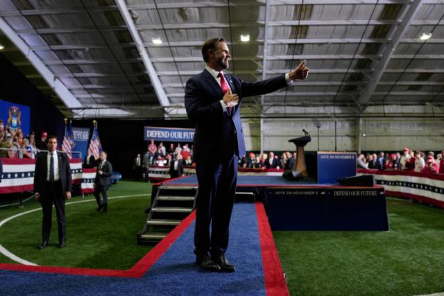 US Vice President JD Vance departs after speaking at a midterm campaign rally at the LevelUp Training Complex in Monroe, Michigan, on October 15, 2026. Americans voting in the November 3 midterm elections will decide who controls Congress for the final two years of Donald Trump's presidency, along with dozens of governorships and thousands of state offices. (Photo by Daniel Heuer / POOL / AFP)