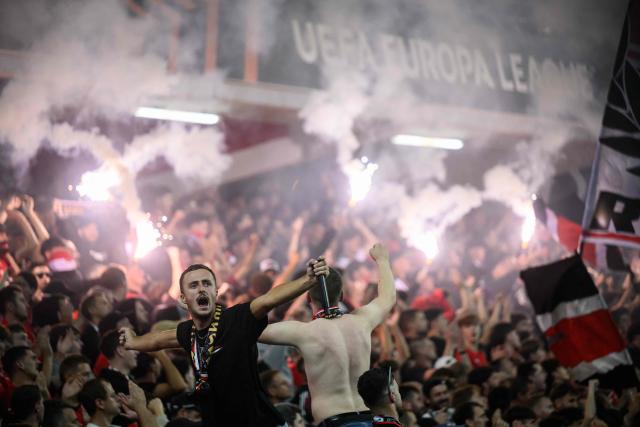 Rennes supporters cheer their team on from the stands during the UEFA Europa League, league phase matchday 2, football match between Stade Rennais and OFI Crete at the Roazhon Park in Rennes, western France on October 15, 2026. (Photo by Loic VENANCE / AFP)