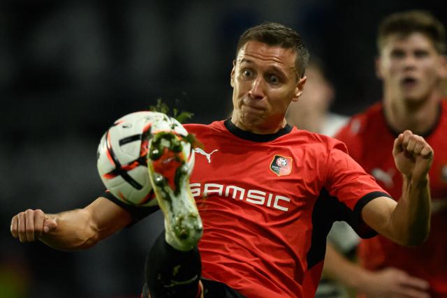 Rennes' Polish defender #95 Przemyslaw Frankowski controls the ball during the UEFA Europa League, league phase matchday 2, football match between Stade Rennais and OFI Crete at the Roazhon Park in Rennes, western France on October 15, 2026. (Photo by Loic VENANCE / AFP)