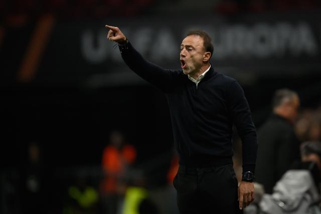 OFI Crete's head coach Christos Kontis gestures from the technical area during the UEFA Europa League, league phase matchday 2, football match between Stade Rennais and OFI Crete at the Roazhon Park in Rennes, western France on October 15, 2026. (Photo by Loic VENANCE / AFP)