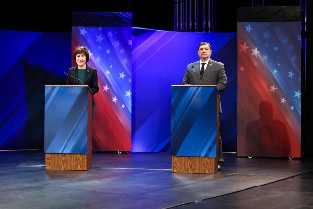 US Senator Susan Collins (R-ME) and Democratic candidate for the US Senate Troy Jackson are seen during their debate at the Gracie Theatre in Bangor, Maine on October 15, 2026. Jackson is looking to unseat the five-term senator in November's midterm election. Americans voting in the November 3 midterm elections will decide who controls Congress for the final two years of Donald Trump's presidency, along with dozens of governorships and thousands of state offices. (Photo by CHARLY TRIBALLEAU / AFP)