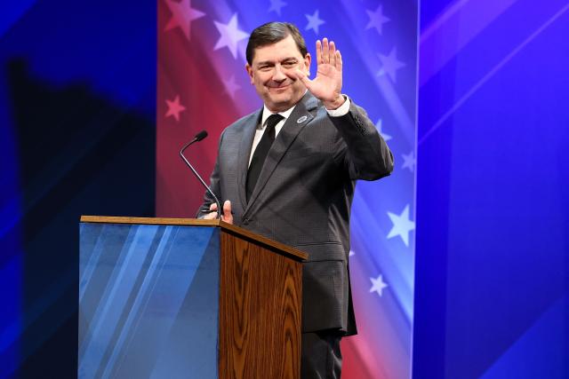 Democratic candidate for US Senate Troy Jackson waves to the television cameras during a debate with US Senator Susan Collins (R-ME) at the Gracie Theatre in Bangor, Maine on October 15, 2026. Jackson is looking to unseat the five-term senator in November's midterm election. Americans voting in the November 3 midterm elections will decide who controls Congress for the final two years of Donald Trump's presidency, along with dozens of governorships and thousands of state offices. (Photo by CHARLY TRIBALLEAU / AFP)