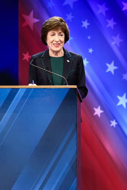 US Senator Susan Collins (R-ME) is seen before her debate with Democratic candidate for US Senate Troy Jackson at the Gracie Theatre in Bangor, Maine on October 15, 2026. Jackson is looking to unseat the five-term senator in November's midterm election. Americans voting in the November 3 midterm elections will decide who controls Congress for the final two years of Donald Trump's presidency, along with dozens of governorships and thousands of state offices. (Photo by CHARLY TRIBALLEAU / AFP)
