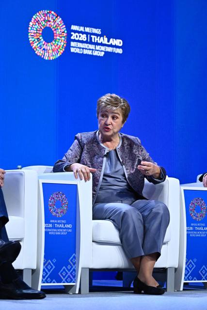IMF Managing Director Kristalina Georgieva speaks during the AI and the Global Economy: From Risk to Opportunity panel at the Annual Meetings of the International Monetary Fund (IMF) and the World Bank Group (WBG) at the Queen Sirikit National Convention Center (QSNCC) in Bangkok on October 16, 2026. (Photo by Lillian SUWANRUMPHA / AFP)