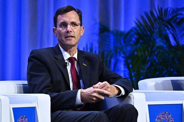 DHL Group CEO Tobias Meyer speaks during the AI and the Global Economy: From Risk to Opportunity panel at the Annual Meetings of the International Monetary Fund (IMF) and the World Bank Group (WBG) at the Queen Sirikit National Convention Center (QSNCC) in Bangkok on October 16, 2026. (Photo by Lillian SUWANRUMPHA / AFP)