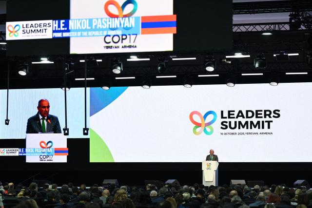 Armenian Prime Minister Nikol Pashinyan delivers a speech during the leaders' summit of the 17th meeting of the Conference of the Parties (COP 17) to the Convention on Biological Diversity (CBD), in the Armenian capital of Yerevan on October 16, 2026. (Photo by AFP)