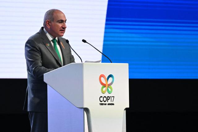 Armenian Prime Minister Nikol Pashinyan delivers a speech during the leaders' summit of the 17th meeting of the Conference of the Parties (COP 17) to the Convention on Biological Diversity (CBD), in the Armenian capital of Yerevan on October 16, 2026. (Photo by AFP)