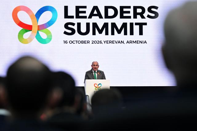 Armenian Prime Minister Nikol Pashinyan delivers a speech during the leaders' summit of the 17th meeting of the Conference of the Parties (COP 17) to the Convention on Biological Diversity (CBD), in the Armenian capital of Yerevan on October 16, 2026. (Photo by AFP)
