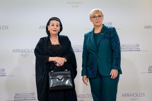 Malta's president Myriam Spiteri Debono (L) is welcomed by Slovenia's President Natasa Pirc Musar (R) upon arrival at the 21st Arraiolos Meeting of non-executive EU heads of state in Brdo pri Kranju on October 16, 2026. (Photo by Jure Makovec / AFP)