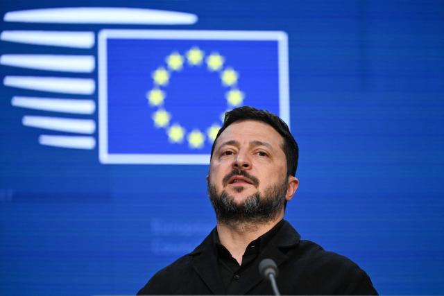 Ukraine's President Volodymyr Zelensky speaks during a press conference as part of a European Union summit at the EU headquarters in Brussels on October 16, 2026. EU leaders headed to Brussels on October 15, 2026, for their biggest clash yet over the bloc’s next long-term budget, as they race to lock in a deal before next year’s French presidential election. (Photo by Nicolas TUCAT / AFP)