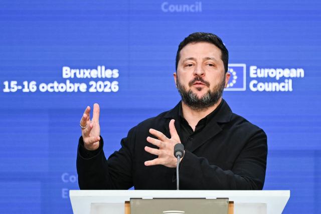 Ukraine's President Volodymyr Zelensky speaks during a press conference as part of a European Union summit at the EU headquarters in Brussels on October 16, 2026. EU leaders headed to Brussels on October 15, 2026, for their biggest clash yet over the bloc’s next long-term budget, as they race to lock in a deal before next year’s French presidential election. (Photo by Nicolas TUCAT / AFP)