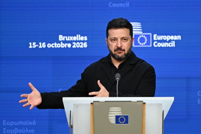 Ukraine's President Volodymyr Zelensky speaks during a press conference as part of a European Union summit at the EU headquarters in Brussels on October 16, 2026. EU leaders headed to Brussels on October 15, 2026, for their biggest clash yet over the bloc’s next long-term budget, as they race to lock in a deal before next year’s French presidential election. (Photo by Nicolas TUCAT / AFP)