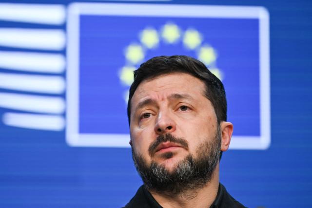 Ukraine's President Volodymyr Zelensky speaks during a press conference as part of a European Union summit at the EU headquarters in Brussels on October 16, 2026. EU leaders headed to Brussels on October 15, 2026, for their biggest clash yet over the bloc’s next long-term budget, as they race to lock in a deal before next year’s French presidential election. (Photo by Nicolas TUCAT / AFP)