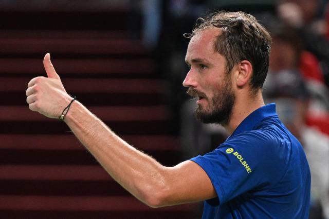 Russia's Daniil Medvedev reacts during his men's singles quarter-final match against USA's Tommy Paul at the Shanghai Masters tennis tournament in Shanghai on October 16, 2026. (Photo by Hector RETAMAL / AFP)