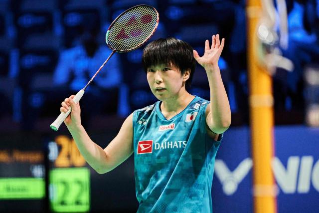 Akane Yamaguchi from Japan celebrates wining against Pornpawee Chochuwong from Thailand (unseen) in the women's singles quarterfinal at the Denmark Open in badminton at SJF Bank Arena in Odense on October 16, 2026. (Photo by Thomas Traasdahl / Ritzau Scanpix / AFP) / Denmark OUT