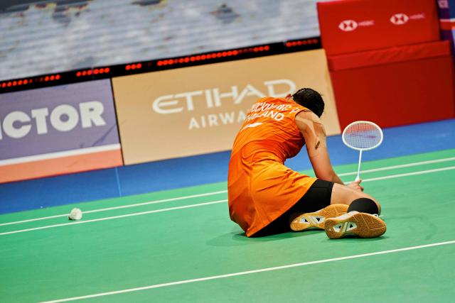 Pornpawee Chochuwong from Thailand reacts during the women's singles quarterfinal badminton match against Akane Yamaguchi from Japan (unseen) of the Denmark Open at SJF Bank Arena in Odense on October 16, 2026. (Photo by Thomas Traasdahl / Ritzau Scanpix / AFP) / Denmark OUT
