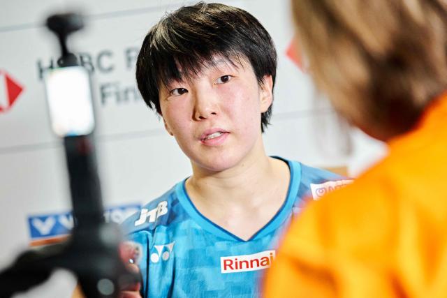 Akane Yamaguchi from Japan speaks to the media after her win against Pornpawee Chochuwong from Thailand (unseen) in the women's singles quarter-final badminton match of the Denmark Open at SJF Bank Arena in Odense on October 16, 2026. (Photo by Thomas Traasdahl / Ritzau Scanpix / AFP) / Denmark OUT