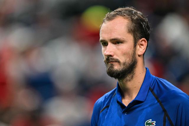 Russia's Daniil Medvedev prepares to play a point against USA's Tommy Paul during their men's singles quarter-final match at the Shanghai Masters tennis tournament in Shanghai on October 16, 2026. (Photo by Hector RETAMAL / AFP)