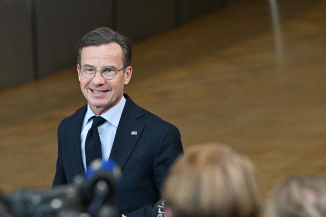 Sweden's Prime Minister Ulf Kristersson delivers a doorstep statement during the EU summit in Brussels on October 16, 2026. EU leaders headed to Brussels on October 15, 2026, for their biggest clash yet over the bloc’s next long-term budget, as they race to lock in a deal before next year’s French presidential election. (Photo by NICOLAS TUCAT / AFP)