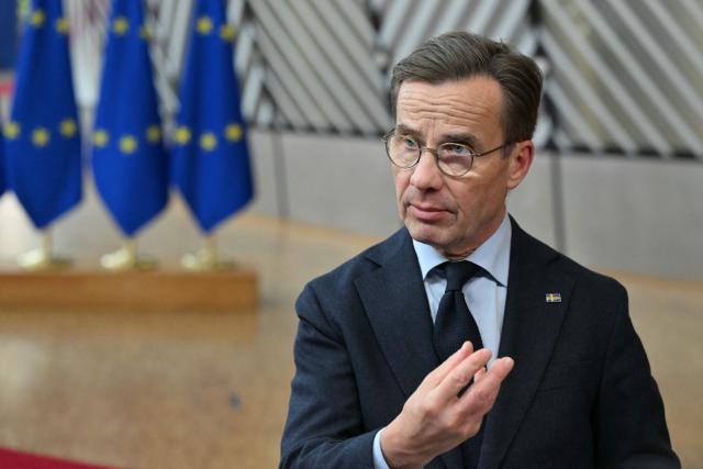 Sweden's Prime Minister Ulf Kristersson delivers a doorstep statement during the EU summit in Brussels on October 16, 2026. EU leaders headed to Brussels on October 15, 2026, for their biggest clash yet over the bloc’s next long-term budget, as they race to lock in a deal before next year’s French presidential election. (Photo by NICOLAS TUCAT / AFP)
