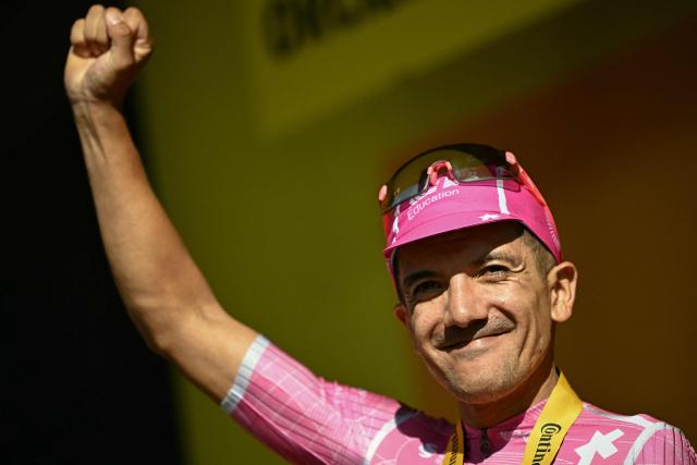 (FILES) EF Education - EasyPost team's Ecuadorian rider Richard Carapaz celebrates on the podium after winning the 18th stage of the 113th edition of the Tour de France cycling race, 185,2 km between Voiron and Orcières-Merlette in the French Alps, on July 23, 2026. Ecuadorian climbing king Richard Carapaz, a former Olympic champion and Giro d'Italia winner, has signed a two-year deal with NSN Cycling, the Swiss outfit announced on October 16, 2026. (Photo by Loic VENANCE / AFP)